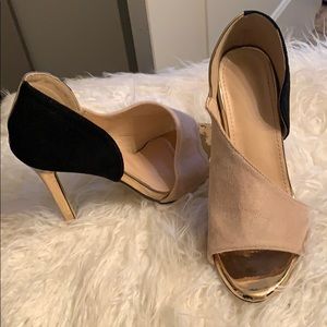 Black, Tan, and Nude color block heels